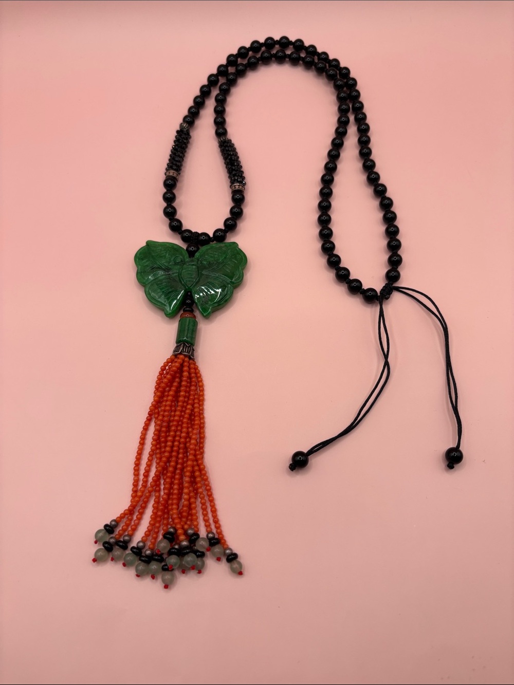 Unique Carved Jade Butterfly Pendant and Black Bead Necklace